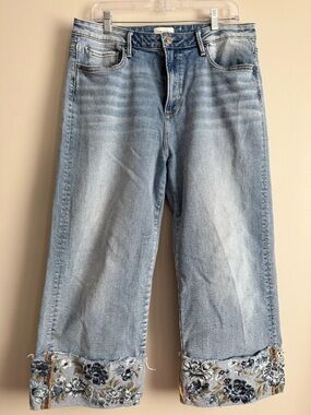 Driftwood Charlee Embroidered Floral Cuff Barrel Leg Jeans Size 33 euc Sundance